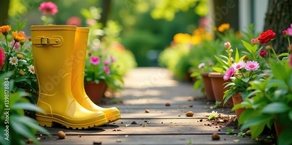 Fototapeta Yellow rubber boots, gardening tools, and flower pots scattered along a rustic wooden pathway in a vibrant spring garden,  flower pots, yellow