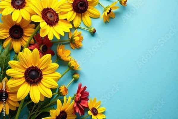 Fototapeta Yellow sunflowers and cosmos flowers arranged in a flat lay postcard-style with local flora, creating a vibrant and colorful display,  vibrant,  local flora