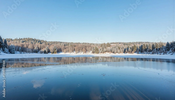 Fototapeta A serene winter landscape features a frozen lake blanketed in snow, reflecting the clear blue sky above, surrounded by trees dusted with frost