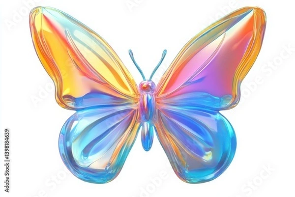 Fototapeta Butterfly fluid holographic iridescent 3D render icon isolated on white background cutout