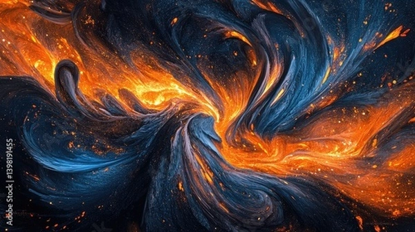 Fototapeta Abstract depiction of a mix of blue and orange flames with luminous particles on a dark gradient background.