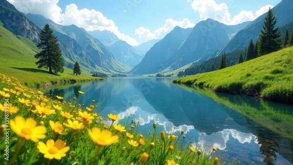 Obraz Serene Mountain Lake Scene with Vibrant Yellow Flowers Blooming in Lush Green Meadows