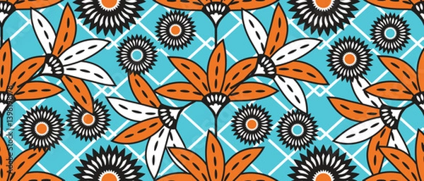 Fototapeta African ethnic traditional Blue pattern. seamless beautiful Kitenge, chitenge, dutch wax style. fashion design in colorful. botanical abstract motif. orange floral Ankara prints, African wax prints.