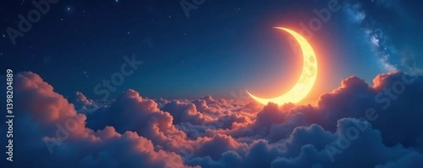 Fototapeta Glowing crescent moon shines over puffy clouds, star backdrop , heavenly, shine, header