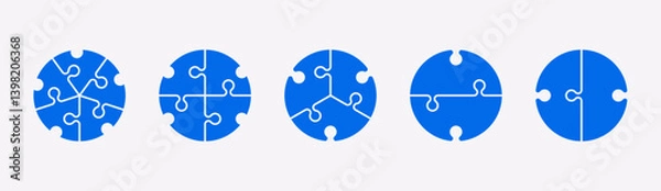 Fototapeta Puzzle pieces in a circle shape isolated. Vector illustration. Jigsaw puzzle game. Blue color. Five, four, three or two components.