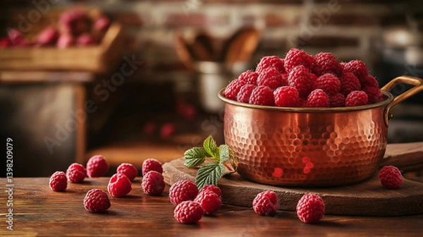 Obraz Raspberries in a copper pot ready to eat or for making jam.