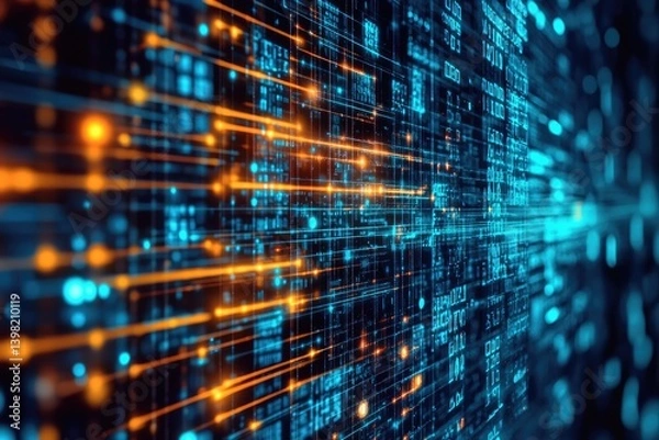Fototapeta A digital grid with blue and orange lights depicting data flow and information processing in cyberspace