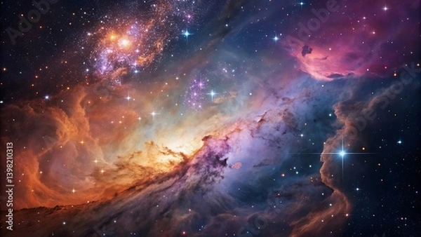 Fototapeta "Vibrant Cosmic Nebula Illuminated with Bright Stars and Multicolored Galactic Clouds."