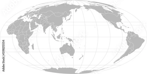 Fototapeta World vector map with country boundaries and graticules in Asia-Pacific view (Mollweide projection, PPT-compatible & fully editable)