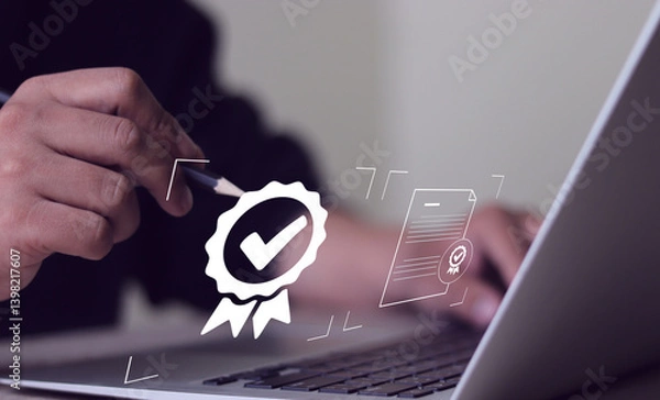 Fototapeta Businessman Demonstrating Top Service: Working with Quality Assurance, Guarantee, and Standards. ISO Certification and Standardization Concept is.