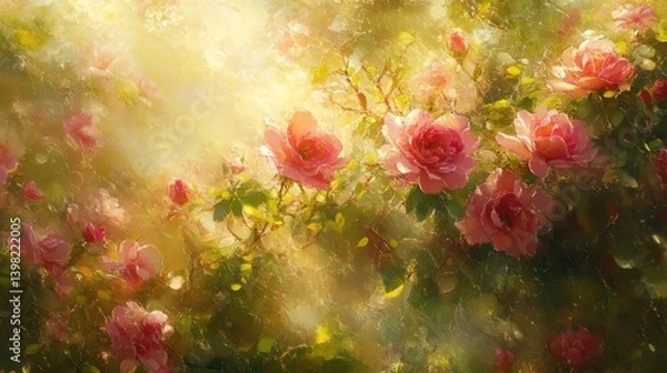 Fototapeta A vibrant field of pink roses basking in the soft