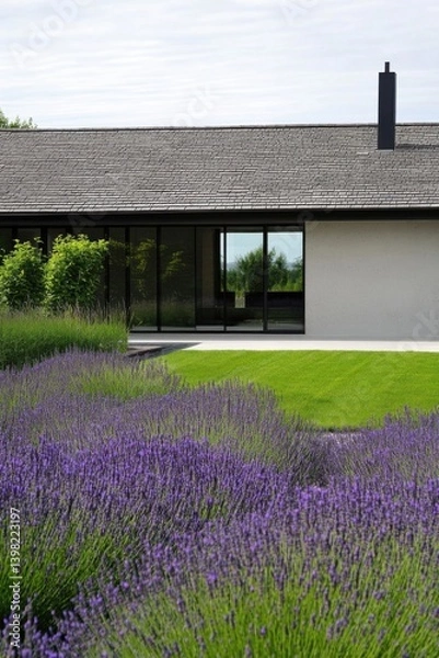 Obraz Modern house surrounded by lavender fields in bright daylight showcasing elegant architecture and serene landscape design with lush greenery and vibrant flowers