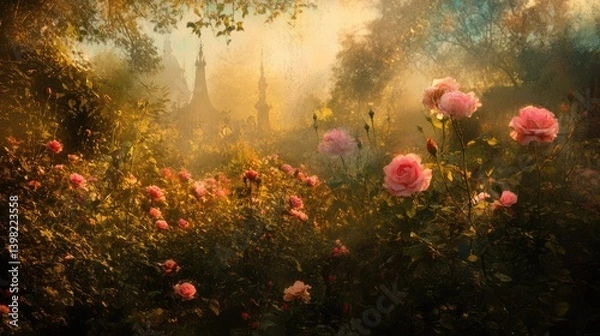 Fototapeta A vibrant field of pink roses basking in the soft