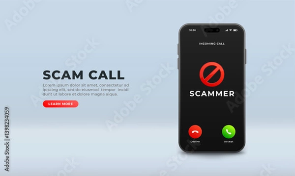 Fototapeta Scam call. Banner warning that an incoming call from an unknown number may be dangerous and may be made by a fraudster, vector illustration.