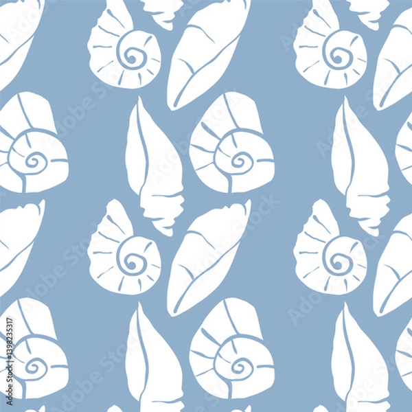 Obraz Hand drawn sea shells blue white seamless pattern in doodle sketchy style on blue background. Line art sea shell vector background
