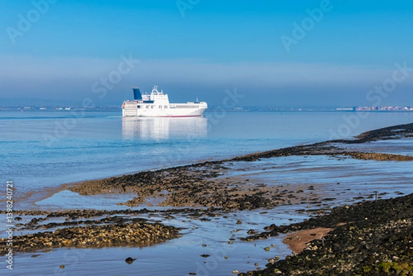 Fototapeta A ship on the river thames viewed from the Cliffe RSPB nature reserve near Gravesend in Kent, England