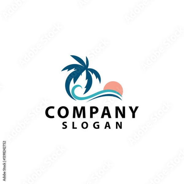 Fototapeta Tropical Company Logo: Palm Tree Ocean Wave and Sun