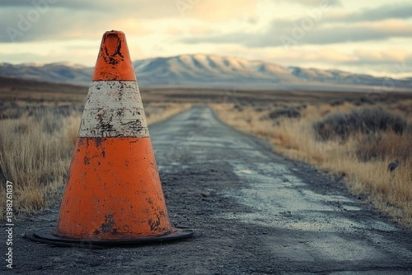Obraz Orange and white traffic cone sits on a deserted road leading towards snow-capped mountains, signaling a closure or diversion