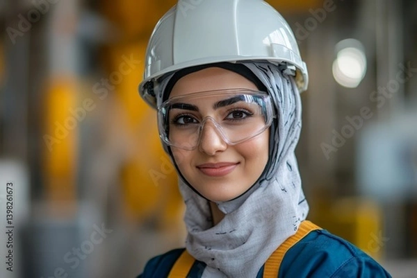 Obraz Portrait of a confident muslim female engineer wearing safety glasses and helmet in a factory