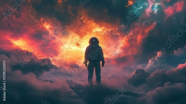 Obraz Astronaut standing on clouds in vibrant space
