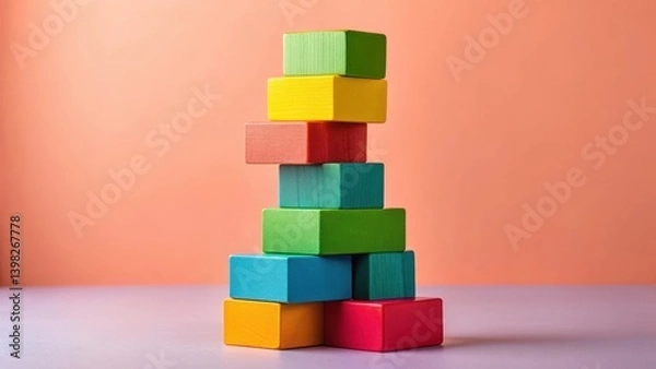 Obraz A colorful stack of rectangular blocks arranged in a precarious tower against a muted background