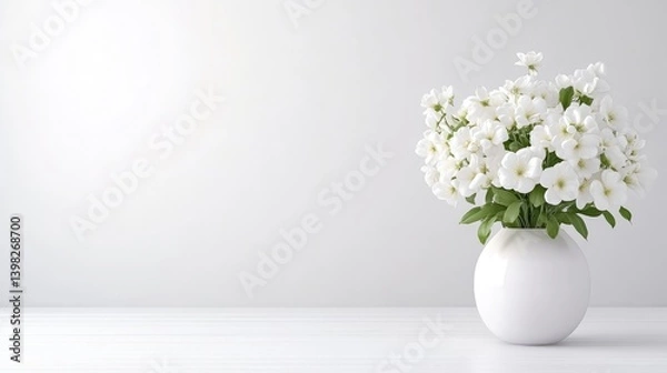 Fototapeta A white ceramic vase filled with delicate white flowers on a minimalist white table, soft lighting and clean background, and elegant floral arrangement.