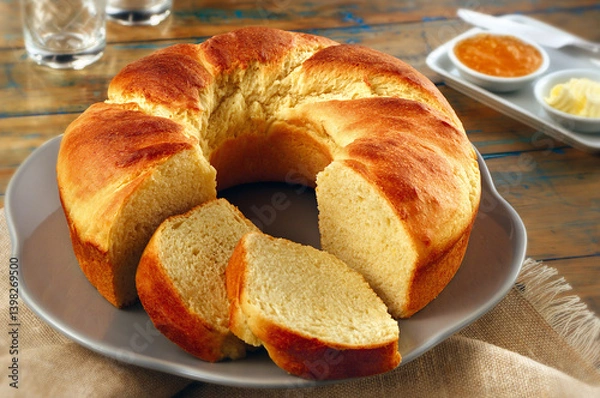 Obraz prato com saboroso pão doce de coco sobre mesa de madeira rústica