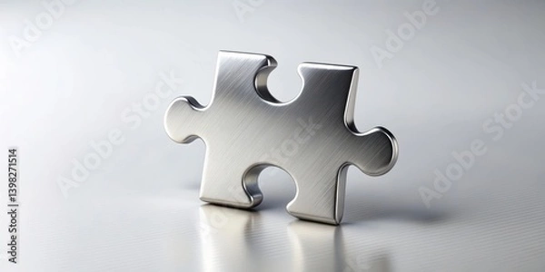 Fototapeta A single brushed metal puzzle piece, a symbol of problem-solving and innovative solutions, rests on a sleek, reflective surface.