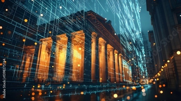 Fototapeta Futuristic bank building with holographic data visualization