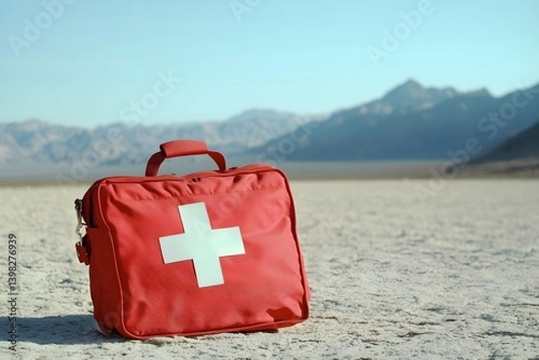 Fototapeta A red first aid kit with a white cross on it stands outside