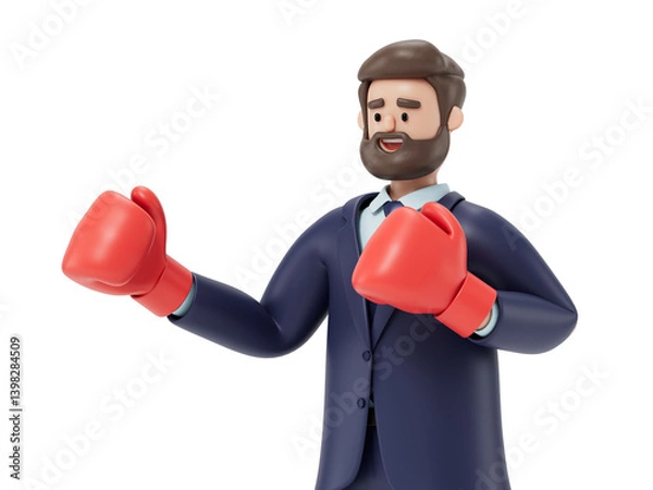 Fototapeta Man with boxing gloves, symbolizing readiness to tackle challenges. 3D rendering, conceptual image. Isolated on white background.