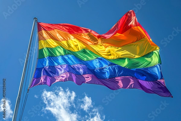Fototapeta Pride rainbow flag waving in blue sky with soft clouds