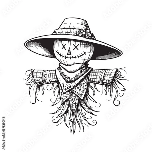 Fototapeta Detailed black and white illustration of a scarecrow with X's for eyes, a scarf, and a hat adorned with a flower.