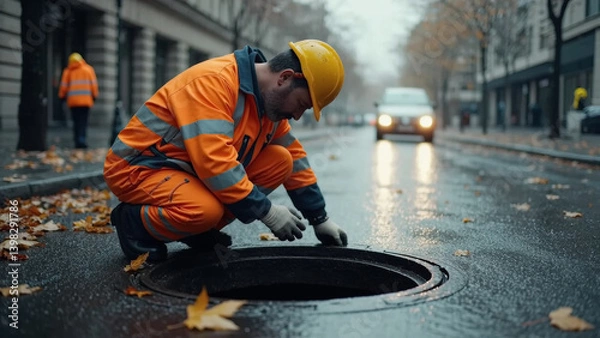 Fototapeta A construction worker in high-visibility orange overalls and a yellow hard hat is working near an open manhole on a city street with fallen leaves, suggesting maintenance or repair work.