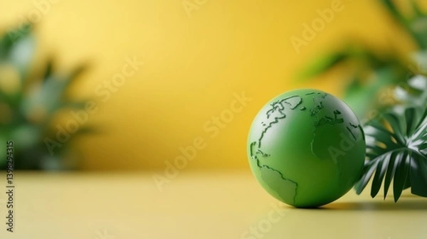 Fototapeta A vibrant green globe with a textured map stands against a bright yellow background, symbolizing environmental awareness and a sustainable future.