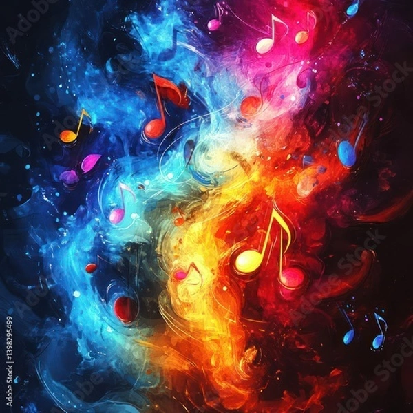 Fototapeta Vibrant musical notes swirling in a mix of fiery and icy colors