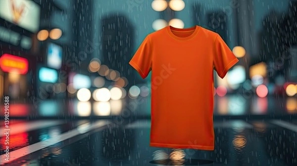 Fototapeta An orange t-shirt hangs in a rainy city night.