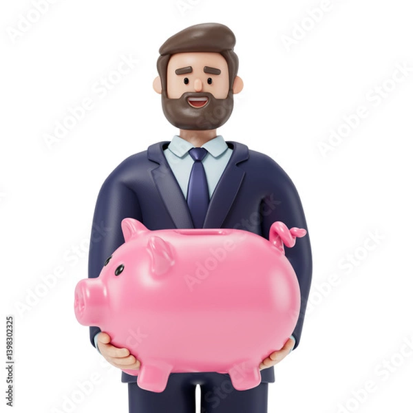 Fototapeta Man holding a large piggy bank, symbolizing savings and financial security. 3D rendering, conceptual image. Isolated on white background.