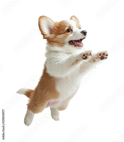Fototapeta Playful corgi dog jumping in pet bright happy mood. Isolated on transparent background, png.