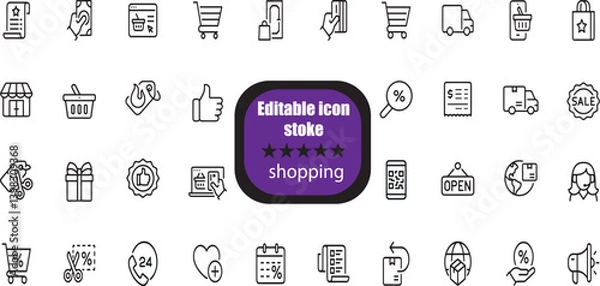 Fototapeta Shopping Editable Stroke icon set. Online shopping, store, delivery, promotion and shopping cart symbol