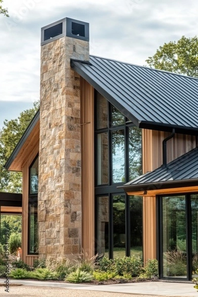 Obraz Modern architectural design featuring a stone chimney and large glass windows in a serene outdoor setting with lush greenery
