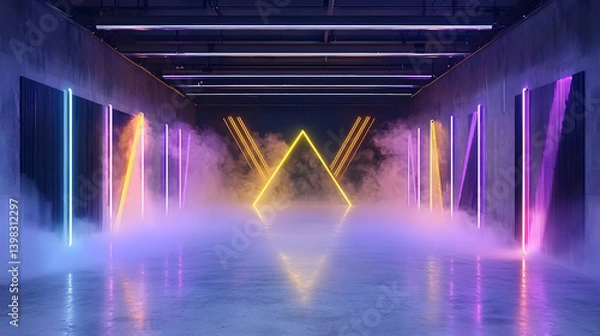 Fototapeta Neon Lights Tunnel With Triangle Shape And Smoke