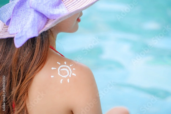 Obraz Beautiful Asain women with bikini enjoy summer vacation in the swimming pool.	