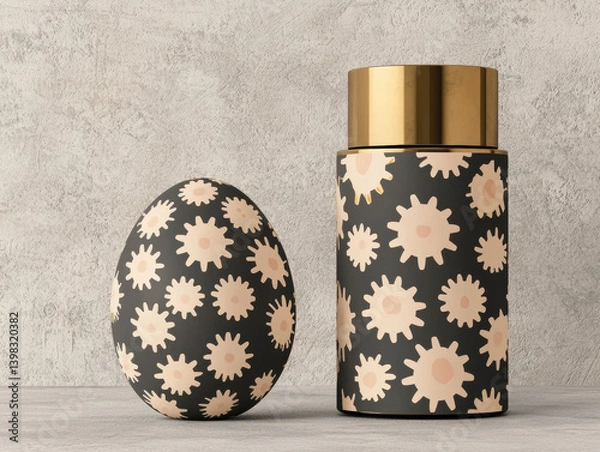 Obraz Steampunk inspired skincare packaging with gear patterns, featuring cylindrical container and egg shaped design