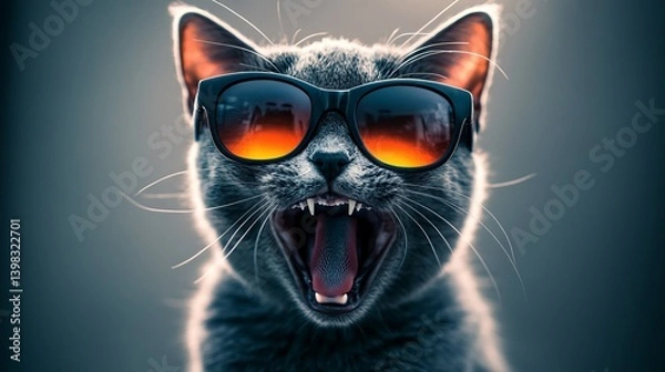 Fototapeta A Stylish Grey Cat Wearing Sunglasses; A Playful and Adorable Portrait of a Domestic Cat with Sunglasses