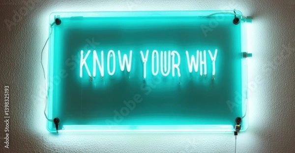 Fototapeta Glowing sign know your why in teal and blue neon mounted on textured wall with glowing cable lines and reflections