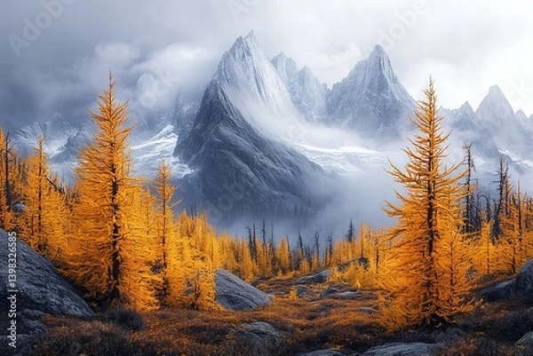 Fototapeta Autumn Splendor: Majestic Mountains and Golden Trees in a Misty Landscape