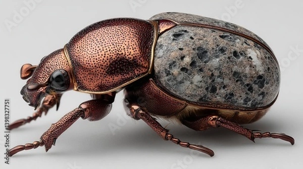 Fototapeta A Stunning Macro Shot of a Copper-Colored Beetle with Intricate Stone Texture. Detailed Close-up of an Exquisite Insect Specimen.