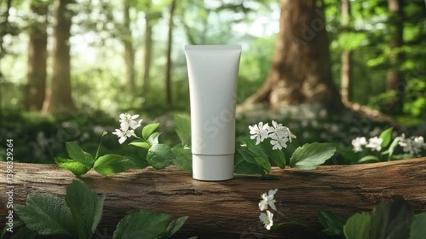 Fototapeta Elegant Cosmetic Tube Displayed in a Serene Forest Setting. High-Quality Natural Product Packaging Mockup.  A Stunning Visual for Eco-Conscious Brands.