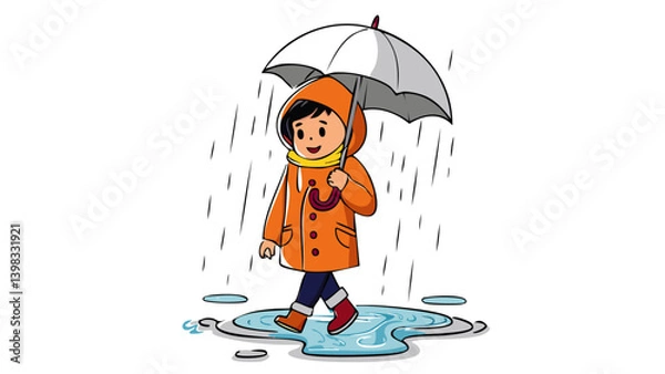 Fototapeta Mascot Character Walking in Rain – Vector Illustration 1